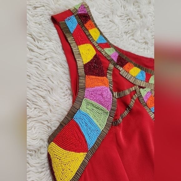 Yoana Baraschi Colorful Beaded Red Mini Dress Size 6 Silk Lined - Picture 4 of 11